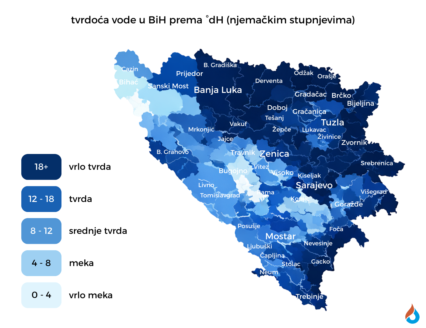 karta kamenca BiH, tvrdoća vode u BiH